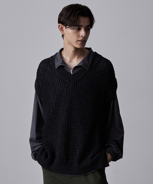 CLEL】Watermark Knitting Loose Mesh Vest/透かし編み ルーズ
