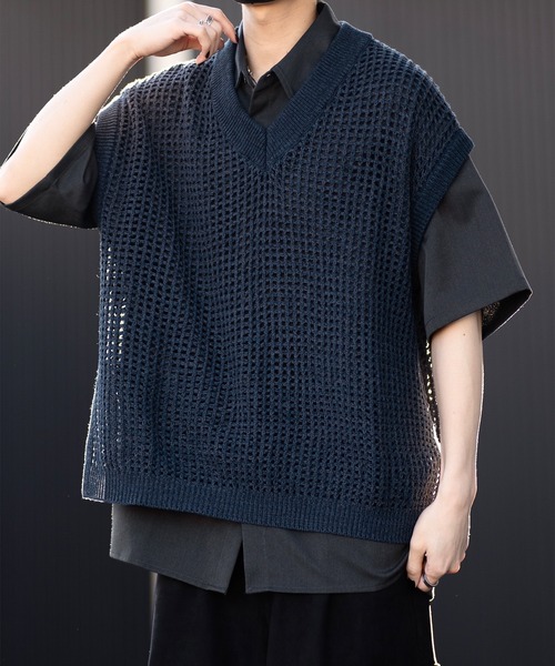 CLEL】Watermark Knitting Loose Mesh Vest/透かし編み ルーズ
