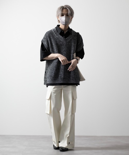 CLEL（クレイル）の「【CLEL】Watermark Knitting Loose Mesh Vest/透かし編み ルーズ メッシュニットベスト（ベスト・メンズ・ブラック/グレー/ブラック系/ブラウン/ネイビー・S/M/L/XS）」の9枚目の写真