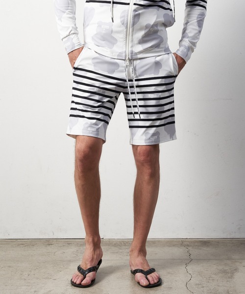 STUD MUFFIN（スタッドマフィン）の「STUD MUFFIN/スタッドマフィン/ベアハートボーダー柄ストレッチナイロン ラッシュショートパンツ（ラッシュガード・メンズ・ブラック/ホワイト・3/2）」の10枚目の写真