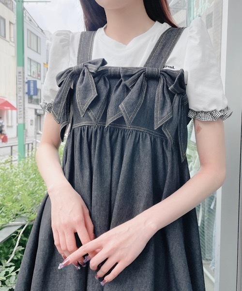 【希少・美品】45R おこめサテンのドレス デニム ワンピース リボン 45R（フォーティファイブアール）の「粟サテンのタックドレス