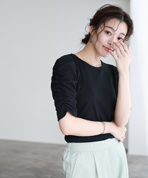 Pierrot（ピエロ）の「ランダムテレコギャザースリーブTシャツ（Tシャツ/カットソー・レディース・ブラック/ダークブラウン/オフホワイト・M/L）」の8枚目の写真