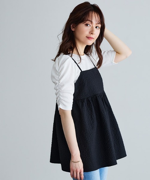 Pierrot（ピエロ）の「ランダムテレコギャザースリーブTシャツ（Tシャツ/カットソー・レディース・ブラック/ダークブラウン/オフホワイト・M/L）」の6枚目の写真