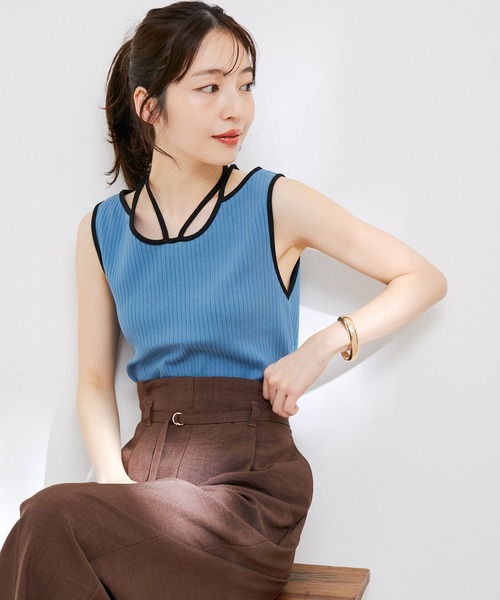 VIS（ビス）の「ネックストラップテレコリブタンクトップ（タンクトップ・レディース・オフホワイト/ブラウン系その他/ブルー系その他4・FREE）」の5枚目の写真