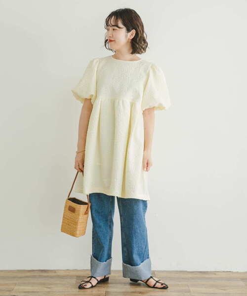 ITEMS URBANRESEARCH（アイテムズ アーバンリサーチ）の「フクレジャガードチュニック（Tシャツ/カットソー・レディース・オフホワイト/ブラック・FREE）」の8枚目の写真