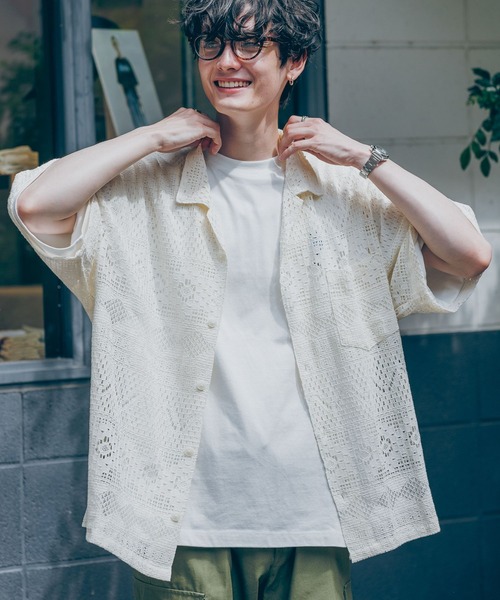 RAGEBLUE（レイジブルー）の「刺繍レースシアー/オープンカラーシャツ
