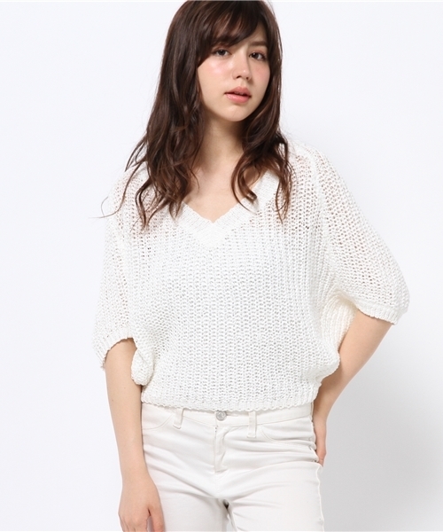 OUTLET（アウトレット）の「【DaTuRa】ショートモモンガVニット半袖（ニット/セーター・レディース・サックスブルー/ホワイト・FREE）」の2枚目の写真