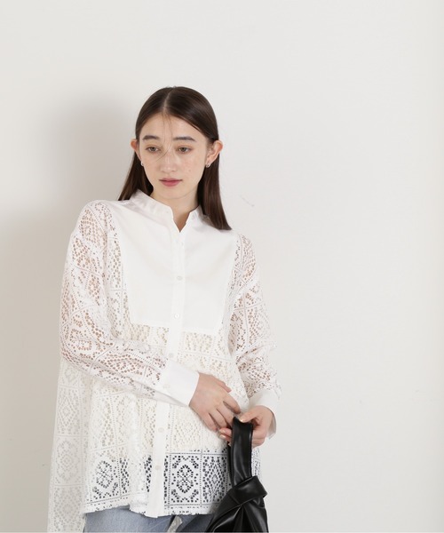 N.(N. Natural Beauty Basic)(エヌエヌナチュラルビューティーベーシック)の「◆ブロックレースバンドカラーブラウス(シャツ/ブラウス・レディース・オフホワイト/ブラック・MEDIUM)」の3枚目の写真