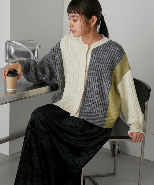 forksy.（フォルクシー）の「【forksy.】ケーブル編みパッチワークニットカーディガン（カーディガン/ボレロ・レディース・アイボリー/グレー/ベージュ・FREE）」の9枚目の写真