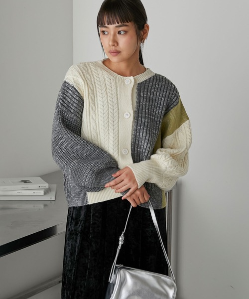 forksy.（フォルクシー）の「【forksy.】ケーブル編みパッチワークニットカーディガン（カーディガン/ボレロ・レディース・アイボリー/グレー/ベージュ・FREE）」の13枚目の写真