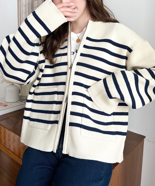 美品【ROPÉ】 ジップアップ きれいめフォルムブルゾン ノーカラージャケット SHIPS any:〈洗濯機可能〉ダブルクロス ノーカラー ジップ