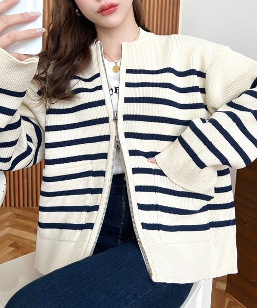 moment+(モーメントプラス)の「Wファスナージップアップニットブルゾン(ノーカラージャケット・レディース・ベージュ/ピンク系その他/ブラック系その他/アイボリー/ピンク/ネイビー/ブラック/ブルー系その他/サックスブルー・M)」の12枚目の写真