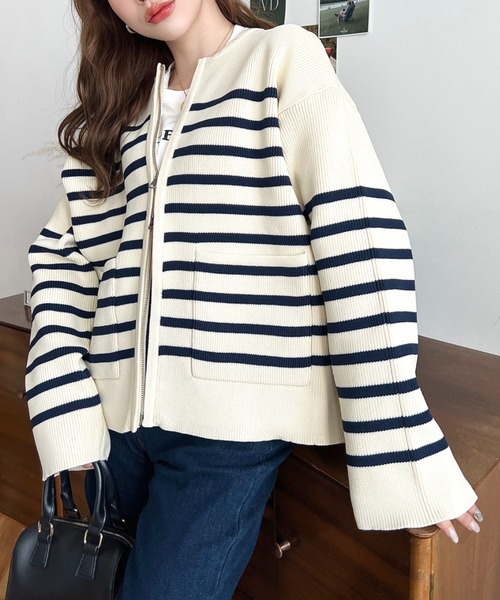 moment+(モーメントプラス)の「Wファスナージップアップニットブルゾン(ノーカラージャケット・レディース・ベージュ/ピンク系その他/ブラック系その他/アイボリー/ピンク/ネイビー/ブラック/ブルー系その他/サックスブルー・M)」の13枚目の写真