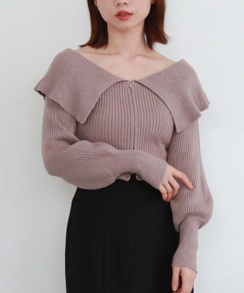 archives（アルシーヴ）の「フロントzipオフショルリブニット（ニット/セーター・レディース・ピンクベージュ/ブルーグレー/ブラック/アイボリー・MEDIUM）」の4枚目の写真