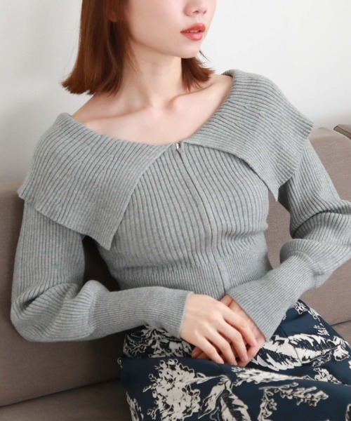 archives（アルシーヴ）の「フロントzipオフショルリブニット（ニット/セーター・レディース・ピンクベージュ/ブルーグレー/ブラック/アイボリー・MEDIUM）」の5枚目の写真