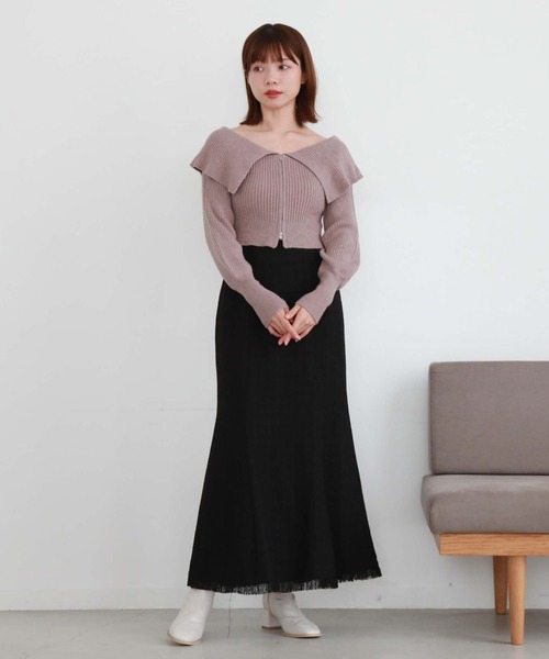 【着用2回】オブリ　バイカラーニット　ブラック×ピンク　ウール♡アルパカ♡シルク archives（アルシーヴ）の「フロントzipオフショルリブニット（ニット