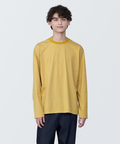 無印良品（ムジルシリョウヒン）の「紳士　天竺編みクルーネック長袖Ｔシャツ（ボーダー）（Tシャツ/カットソー・メンズ・ブラック系/ピンク系/ブルー系2/グレー系その他/イエロー系9/スモーキーグリーン系1・S/XL/M/L）」の5枚目の写真