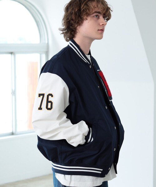 美品 TES スタジャン ビッグシルエット ワッペン ネイビー ホワイト BEAMS HEART（ビームスハート）の「BEAMS HEART / ビックシルエット