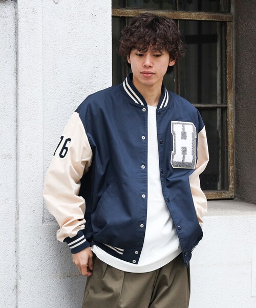 美品 TES スタジャン ビッグシルエット ワッペン ネイビー ホワイト BEAMS HEART（ビームスハート）の「BEAMS HEART / ビックシルエット