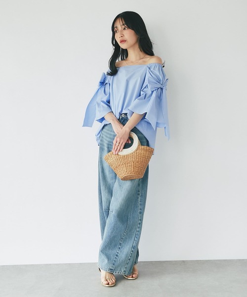 美品 La boutique BonBonリボンフレアスリーブブラウス ネイビー 新色追加】リボンフレアスリーブブラウス（シャツ/ブラウス