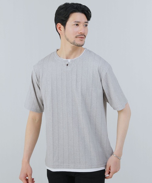 ジャガードストライプヘンリーネックフェイクレイヤード半袖カットソー