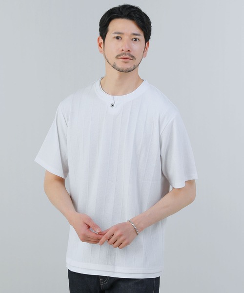 セール】ジャガードストライプヘンリーネックフェイクレイヤード半袖