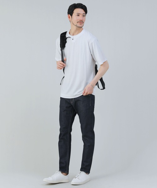 セール】ジャガードストライプヘンリーネックフェイクレイヤード半袖