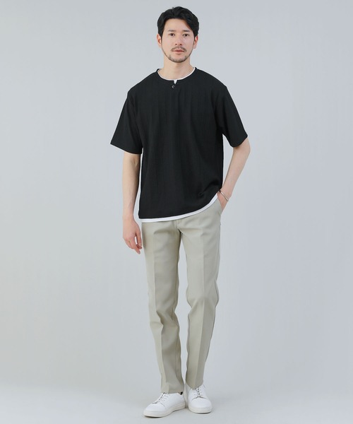 セール】ジャガードストライプヘンリーネックフェイクレイヤード半袖