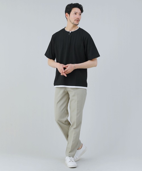 ジャガードストライプヘンリーネックフェイクレイヤード半袖カットソー