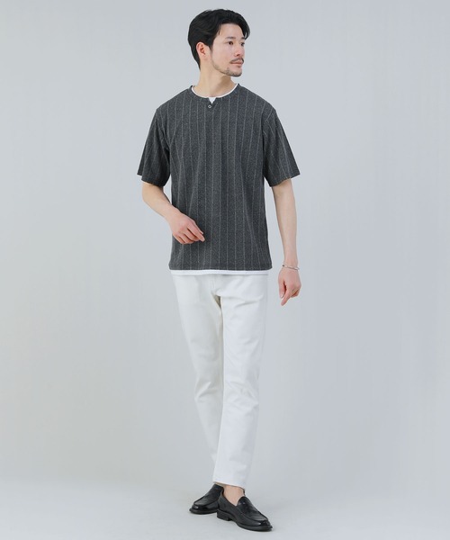 セール】ジャガードストライプヘンリーネックフェイクレイヤード半袖