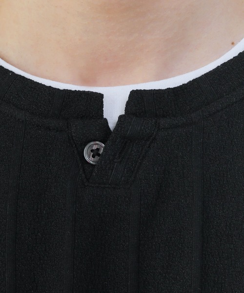 セール】ジャガードストライプヘンリーネックフェイクレイヤード半袖