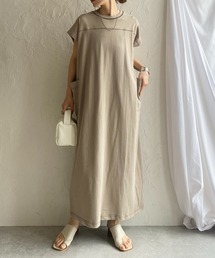 配色ステッチポケット半袖フレンチスリーブロング丈Tシャツワンピース