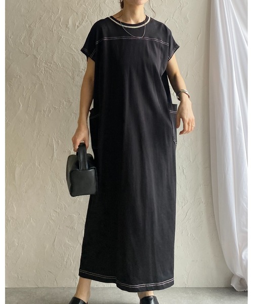 She's Closet(シーズクローゼット)の「配色ステッチポケット半袖フレンチスリーブロング丈Tシャツワンピース(ワンピース・レディース・ブラック/グレイッシュベージュ・FREE)」の19枚目の写真