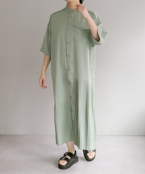 ear PAPILLONNER(イアパピヨネ)の「《手洗い可》七分袖アンダープリーツワンピース【SUM1 STYLE】(シャツワンピース・レディース・グレー/カーキ・FREE)」の4枚目の写真