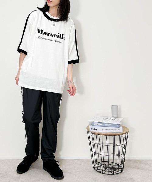 mediam Tシャツ セール】16/TC 天竺袖ライン 刺繍Tシャツ(ハートLOGO、Marseille