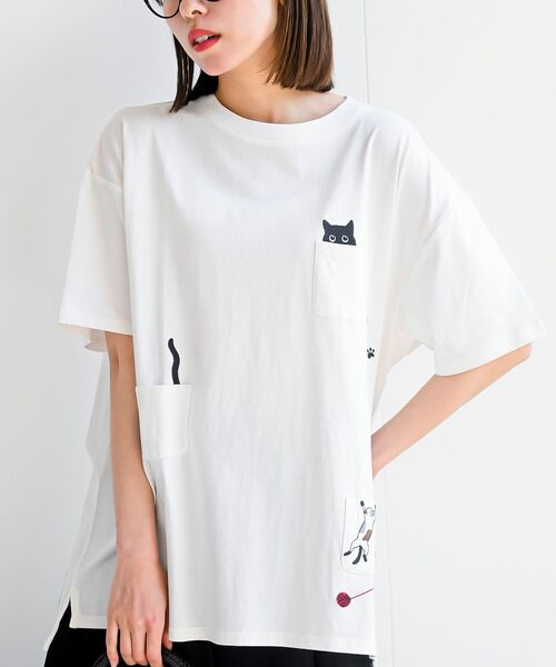 rps(アールピーエス)の「ねこだらけ3ポケットワイドT(Tシャツ/カットソー・レディース・チャコールグレー/オートミール/オフホワイト・フリー)」の2枚目の写真