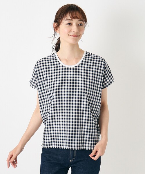 LAURA ASHLEY(ローラアシュレイ)の「【日本製/コットンリネン布帛×天竺/ワンマイルウエア】 ドロップ袖Tシャツ(Tシャツ/カットソー・レディース・ブルー系その他4/ブラック系1・38)」の1枚目の写真