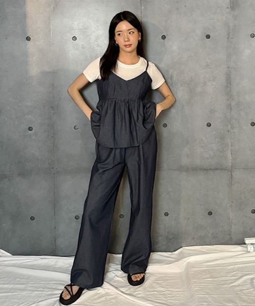 2点セット デニムキャミソール+ワイドパンツセット