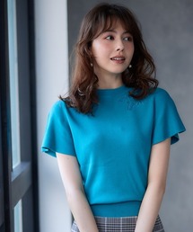 ネック刺繍半袖ニットプルオーバー