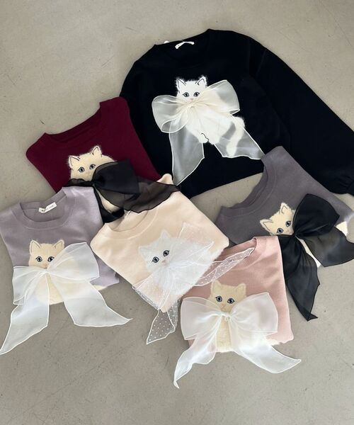 リボン☆　No2 パネル　ネコちゃん柄　23枚+27枚＝50枚 セール】フワフワネコちゃんリボンニット（ニット/セーター