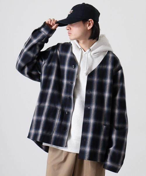 BIG MIKE BIG MIKE Heavy flannel shirt cardigan ビックマイク ノーカラーチェックヘビーフランネルシャツ カーディガン（カーディガン/ボレロ）｜BIG MIKE（ビッグマイク）