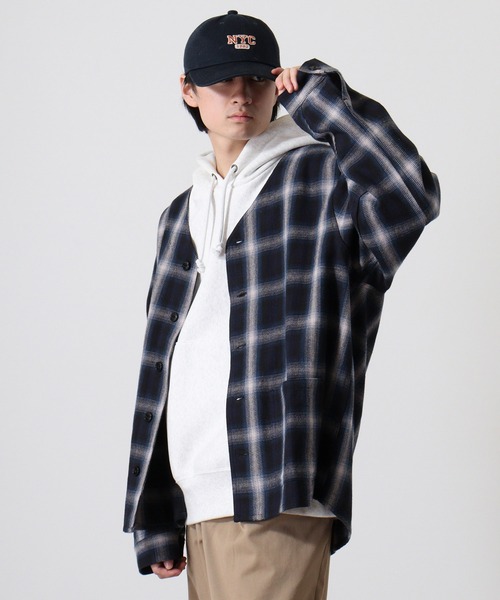 BIG MIKE(ビッグマイク)の「BIG MIKE BIG MIKE Heavy flannel shirt cardigan ビックマイク ノーカラーチェックヘビーフランネルシャツ カーディガン(カーディガン/ボレロ・メンズ・ブラック×グリーン/ネイビー・XL/L)」の5枚目の写真