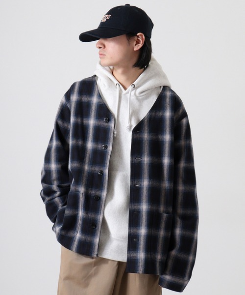BIG MIKE(ビッグマイク)の「BIG MIKE BIG MIKE Heavy flannel shirt cardigan ビックマイク ノーカラーチェックヘビーフランネルシャツ カーディガン(カーディガン/ボレロ・メンズ・ブラック×グリーン/ネイビー・XL/L)」の6枚目の写真
