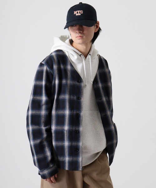 BIG MIKE(ビッグマイク)の「BIG MIKE BIG MIKE Heavy flannel shirt cardigan ビックマイク ノーカラーチェックヘビーフランネルシャツ カーディガン(カーディガン/ボレロ・メンズ・ブラック×グリーン/ネイビー・XL/L)」の4枚目の写真