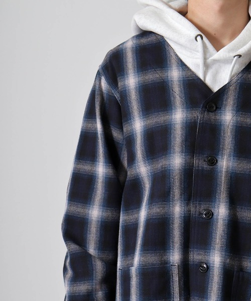 BIG MIKE(ビッグマイク)の「BIG MIKE BIG MIKE Heavy flannel shirt cardigan ビックマイク ノーカラーチェックヘビーフランネルシャツ カーディガン(カーディガン/ボレロ・メンズ・ブラック×グリーン/ネイビー・XL/L)」の7枚目の写真