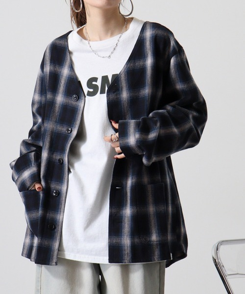 BIG MIKE(ビッグマイク)の「BIG MIKE BIG MIKE Heavy flannel shirt cardigan ビックマイク ノーカラーチェックヘビーフランネルシャツ カーディガン(カーディガン/ボレロ・メンズ・ブラック×グリーン/ネイビー・XL/L)」の15枚目の写真