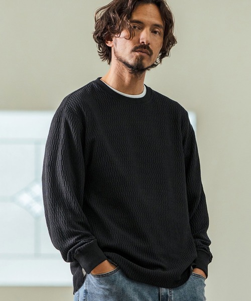 Magine（マージン）の「mlt5066- Honeycomb Fabric Long Sleeve Pullover ニットソー（Tシャツ/カットソー・メンズ・チャコール/ホワイト/ブラック・44/46/48）」の2枚目の写真