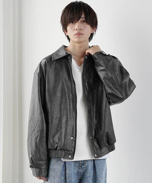 MinoriTY】シンセティッククラシックPUレザービッグブルゾン ショート