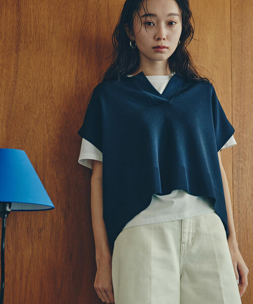 N.(N. Natural Beauty Basic)(エヌエヌナチュラルビューティーベーシック)の「リラックスポロニット(ニット/セーター・レディース・ネイビー/オフホワイト/グリーン・MEDIUM)」の3枚目の写真