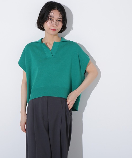 N.(N. Natural Beauty Basic)(エヌエヌナチュラルビューティーベーシック)の「リラックスポロニット(ニット/セーター・レディース・ネイビー/オフホワイト/グリーン・MEDIUM)」の1枚目の写真